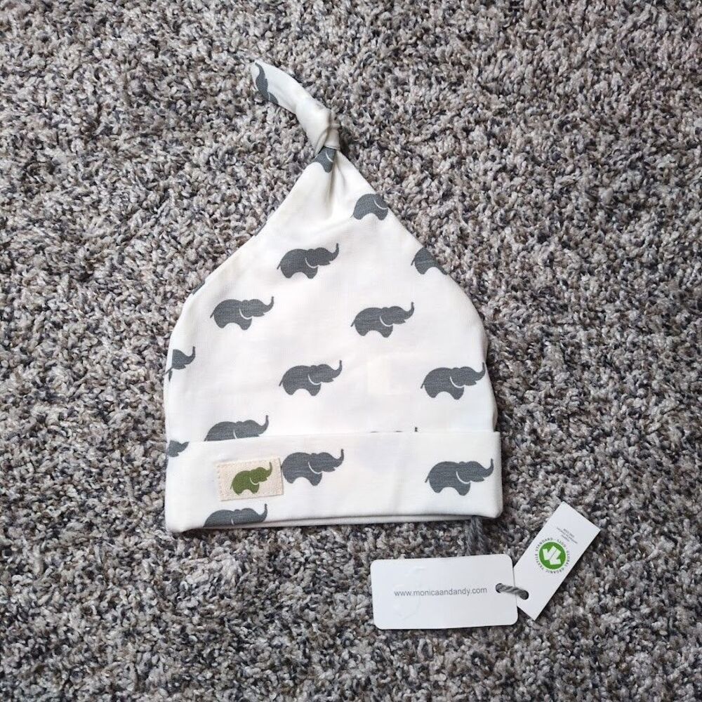 Monica + Andy Baby White & Gray Elephant Print Cotton Top Knot Cap